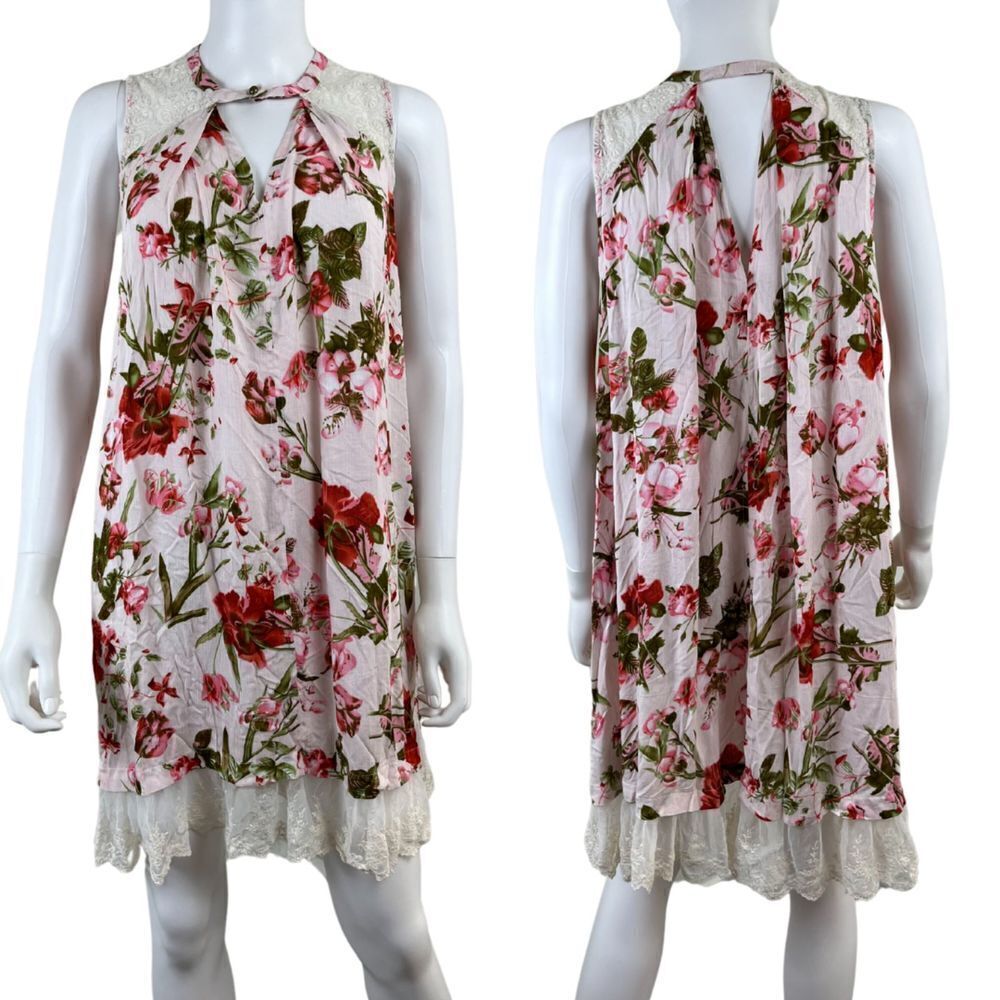 Umgee Womens Size S Pink Floral Lace Pullover Cotton Sleeveless Mini NEW Dress